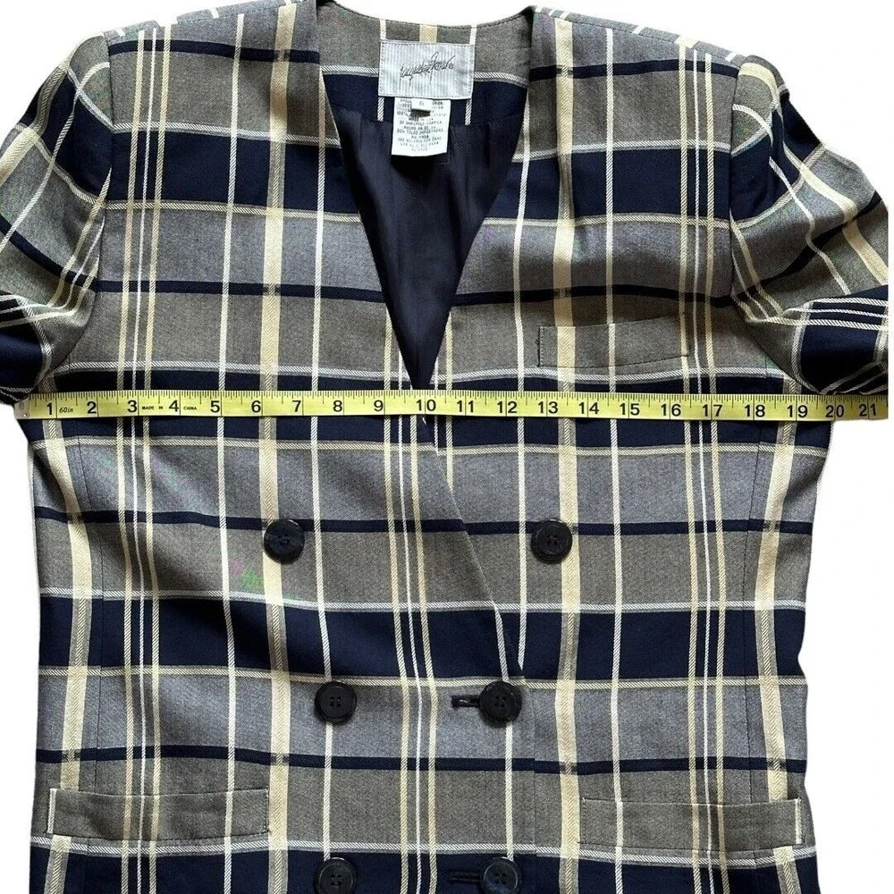 Jacquline ferrar Vintage 1980’s Rayon Navy/gray plaid Blazer jacket women’s Sz 6 - Picture 9 of 15